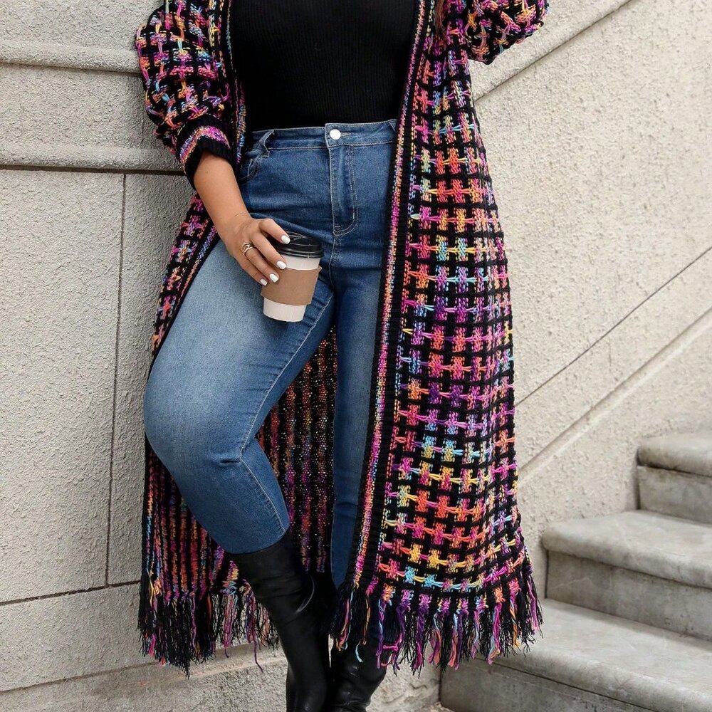 Multicolor Casual Women's Plus Size Long Plaid Mixed Color Fringed Hem Cardigan - Picture 3 of 7